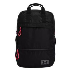 the under armour backpack is black and has pink handles