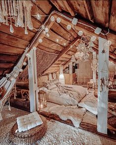 an attic bedroom is decorated in rustic style