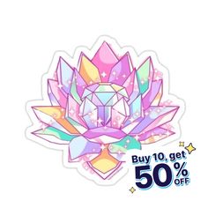 a sticker with the words buy 10 get 50 % off and an image of a flower