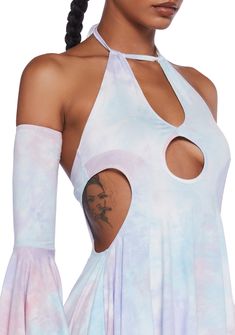 cuz you have them thinking twice. This mini dress has a stretchy knit construction with an all-over tie-dye print, a cut-out design, a self-tie neck closure, and non-attached matching sleeves. Trendy Fitted Festival Dresses, Trendy Fitted Tie Dye Dresses, Spring Fitted Tie Dye Mini Dress, Fitted Tie Dye Mini Dress For Spring, Summer Festival Stretch Mini Dress, Stretch Mini Dress For Festival, Burning Man Festival, Crochet Shop, Handkerchief Dress