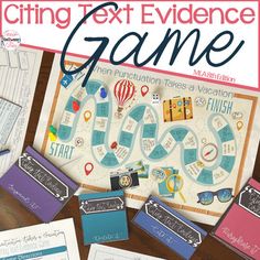 the text evidence game is displayed in front of several pieces of paper on a table