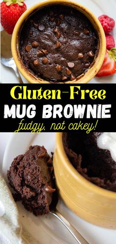 gluten free mug brownie with chocolate frosting and strawberries in the background