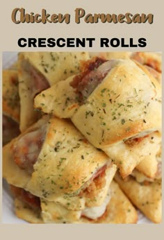 chicken parmesan crescent rolls on a white plate with text overlay that reads, chicken parmesan crescent rolls