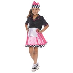 Your little girl will look adorable in this 1950's Car Hop costume. This nifty girls Halloween costumes features a black satin button front shirt with pink trim pink satin skirt with checkered ruffle and attached white apron. Also included is the matching pink hat with black and white checkered detail. Complete the 50's look with your own shoes and socks. Car Hop Costume, Pink Satin Skirt, Car Hop, 50s Look, 1950s Car, Kids Costumes Girls, White Apron, Theatre Costumes, Costume Themes