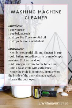 a recipe for washing machine cleaner on a table with lavenders and an empty bottle