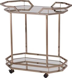 a metal and glass serving cart with wheels on the bottom, one section is open