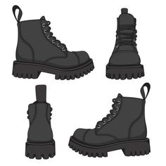 four pairs of black boots with laces on them