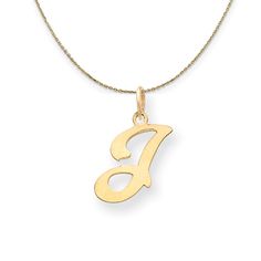 Indulge in a traditional initial charm that subtly enhances and personalizes your jewelry. Each small script style letter is approximately 15mm (9/16 inch) in length, finished with a standard jump ring, and fashioned from polished 14k yellow gold. The pendant is . Includes a 22 inch, 0.8mm 14k yellow gold cable chain with a lobster clasp. Initial J, J Necklace, Script Initial, Tiny Charm, Bow Jewelry, Disc Pendant, Small Pendant, Shell Pendant, Jewelry Companies