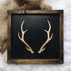 a black and gold frame with two deer's horns on it, sitting next to a furry animal