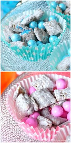 there are two pictures of different food items in the same bowl, and one is filled with marshmallows