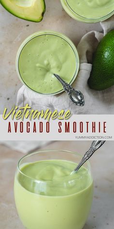 avocado smoothie in small bowls with spoons