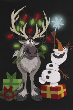 an image of a reindeer and snowman with christmas lights on their antlers in front of presents