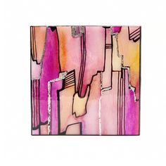 an abstract painting with pink and yellow colors