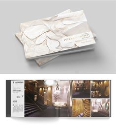 the interior design book is open and showing images of stairs, chandeliers, and other decorative objects