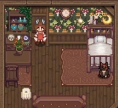 an overhead view of a living room and bedroom in the nintendo game animal crossing, with a cat sitting on the couch