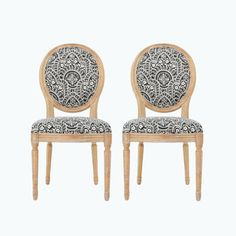 two wooden chairs with patterned upholstered back and seat cushions, side by side