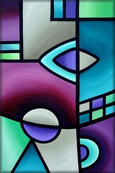 an abstract painting with blue, purple and green colors in the center is a geometric design