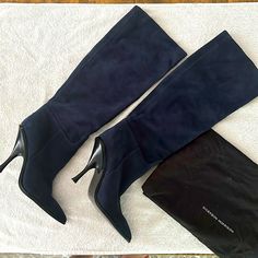 Absolutely Stunning Blue Suede Boots With Black Heel. Size 39 Italian Suede. Not With Original Box But Comes In Original Boot Bag. Never Worn. Retail For $300 Blue Pointed Toe Boots For Formal Occasions, Formal Blue Pointed Toe Boots, Blue Pointed Toe Heeled Boots For Formal Occasions, Blue Heels For Workwear In Fall, Chic Blue Heeled Boots For Formal Events, Elegant Blue Heels For Winter, Elegant Blue Almond Toe Boots, Elegant Blue Heeled Boots For Winter, Blue Round Toe Workwear Boots