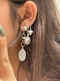 Second Lobe Stretched, Cool Assessories, Coastal Jewelry Aesthetic, Silver Jewelry Inspiration, 3 Piercings Ear Lobe, Silver Vintage Jewelry, Silver Earrings Stack, Mixed Metal Earring Stack, Wardrobe Tattoo