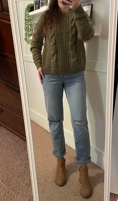 Sage green sweater, light distressed jeans, camel boots •olive sweater •fall outfit •winter outfit Olive Sweater Outfit Winter, Olive Green Pullover Outfit, Army Green Sweater Outfit, Olive Sweater Outfit, Olive Green Sweater Outfit, Light Jeans Outfit, Green Sweater Outfit, Cropped Sweater Outfit, Sage Green Sweater