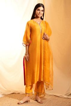 Shop for Priti Prashant Orange Handwoven Tissue Stripes Chanderi Asymmetric Kurta Set for Women Online at Aza Fashions Asymmetric Kurta, Designer Suits Online, Kurta Set For Women, Striped Pant, A Line Kurta, Organza Dupatta, Embroidered Neckline, Kurta With Pants, Fashion App