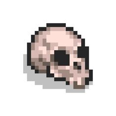 a pixellated skull with one eye open and the other half closed, on a white background