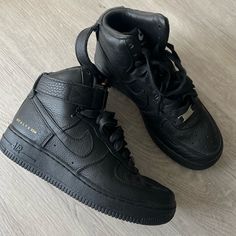 Nike X Alyx Collaboration Air Force 1 High “Triple Black”. Never Worn. Casual Matte Black Sneakers For Streetwear, Casual Matte Black Streetwear Sneakers, Modern Black Nike Air Force 1 For Streetwear, Modern Nike Air Force 1 Leather For Streetwear, Luxury Nike Custom Sneakers For Streetwear, Nike High-top Sneakers For Streetwear With Branded Heel, Leather High-top Nike Air Force 1 For Streetwear, Black Nike Air Force 1 High-top Urban, Nike Air Force 1 Leather For Streetwear