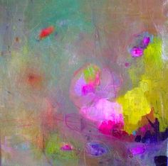 an abstract painting with pink, yellow and green colors