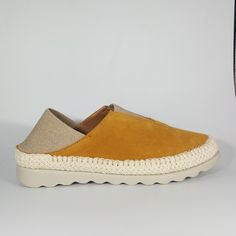 Style: Nomad Never Worn Mustard Yellow Italian Suede Elastic Heel And Center For Extra Comfort Padded Leather Footbed Flexible Unit Wavy Platform Sole Us Size 6 ** European Size 37 - Typically Fits 6 To 6 1/2 Lr ->001 ->325 Casual Suede Wedge Espadrilles, Casual Suede Espadrilles With Wedge Heel, Casual Beige Suede Espadrilles, Comfortable Suede Espadrilles With Round Toe, Suede Platform Espadrilles With Round Toe, Casual Yellow Leather Slip-ons, Suede Closed-toe Espadrilles With Rubber Sole, Suede Slip-on Espadrilles With Textured Sole, Yellow Textured Footbed Slip-on Sandals