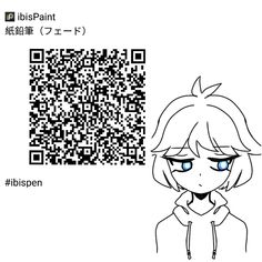 an anime character with blue eyes and a qr code