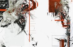 an abstract painting with red and black lines on it's sides, in white and orange