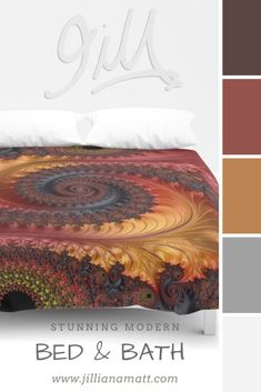 a bed and bath cover with an artistic design on the bottom, surrounded by other colors