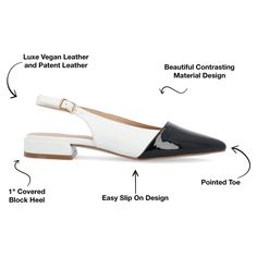 The Bertie low-block heel flats from Journee Collection will be the perfect shoe to take you from the office to a nice evening out to dinner. Their luxe vegan patent leather padded footbed sling back strap buckled ankle strap two-tone design and pointed toe will give you that classy yet casual look to compliment your outfit. To keep it simple their pull-on closure will make them easy to slip on and off as you rush to your next event. Low Heel Flats With Heel Strap For Office, Office Flats With Heel Strap And Low Heel, Office Flats With Heel Strap, Chic Evening Flats With Block Heel, Flat Slingback Pumps For Office, Chic Flat Heels With Contrasting Heel Counter, Modern Flat Slingback Pumps For Formal Occasions, Chic Block Heel Flats For Office, Chic Office Flats With Block Heel