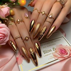 Red And Gold Nails Square, Red Gold Nails Aesthetic, Gold Nails Square, Red And Gold Butterfly Nails, Red And Gold Foil Nail Art, Red Nails Gold Foil, Bad And Boujee Nails, Wife Nails, Boujee Nails