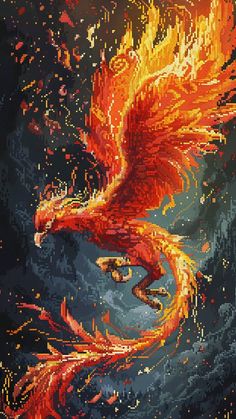 a painting of a fire bird flying through the air