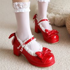 Woman Med Heel Lolita Shoes Patent Leather Cute Bow Mary Jane Pumps Bride Wedding Cosplay Party Red Vivienne Westwood Shoes, Fairy Shoes, Cute Shoes Heels, Kawaii Shoes, Cute Heels, Patent Shoes, Girly Shoes, Mary Jane Pumps, Pretty Shoes