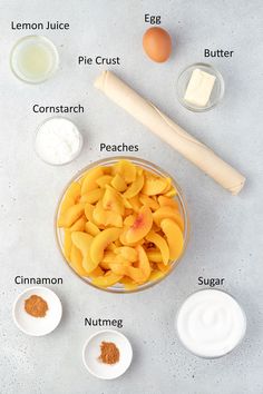 the ingredients to make peach cobbler are shown in bowls