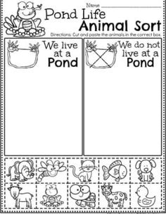 the pond life animal sort worksheet is shown in black and white, with animals inside