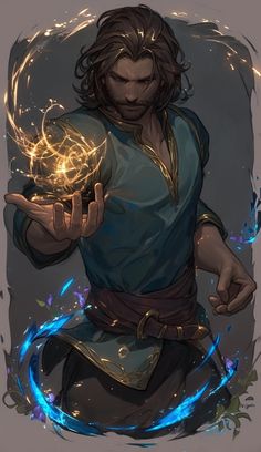 a drawing of a man holding a ball in his hand with blue lights around him