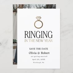 a wedding card with the words ring in the new year on it and a diamond ring