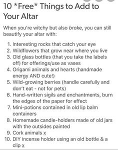 a list with the words 10 free things to add to your altar on it's side