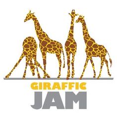 three giraffes are standing next to each other in front of the word'giraffe jam '