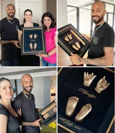 four pictures of people holding different items in their hands and posing for photos with them