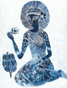 a blue and white drawing of a woman holding a flower in one hand and a butterfly in the other