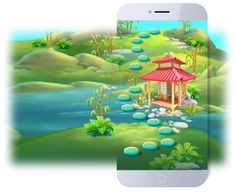 an image of a phone screen with a cartoon scene on the screen and water in the background