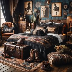 Perfect Western Bedding Ideas 🎨 Dark Southwestern Decor, Western Gothic Bedroom, Vintage Western Bedroom, Rust Bedroom Ideas, Western Aesthetic Bedroom, Western Theme Bedroom, Dark Western Bedroom, Western Bedding Ideas, Black And Rust Bedroom