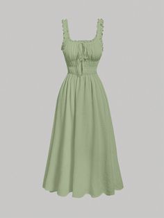 Solid Frill Trim Tie Front Dress Lime Green Casual  Sleeveless Woven Fabric Plain A Line Non-Stretch  Women Clothing, size features are:Bust: ,Length: ,Sleeve Length: Vestidos Country, Cottage Core Dresses, Light Green Dress, Sage Green Dress, Ladylike Style, Banquet Dresses, Cute Dress Outfits, Country Dresses, Tie Front Dress