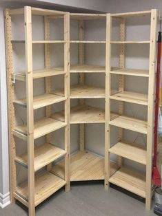 the corner shelves are empty and ready to be put into place for storage or display