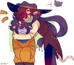 a drawing of two people hugging and one is wearing a witches hat, the other has a cat