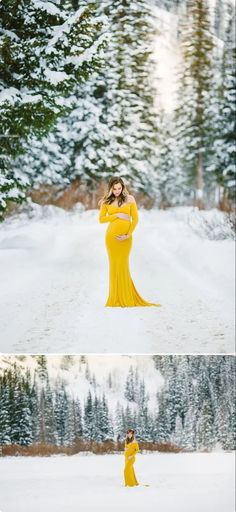 the pregnant woman is standing in the snow with her hands on her head and wearing a yellow dress